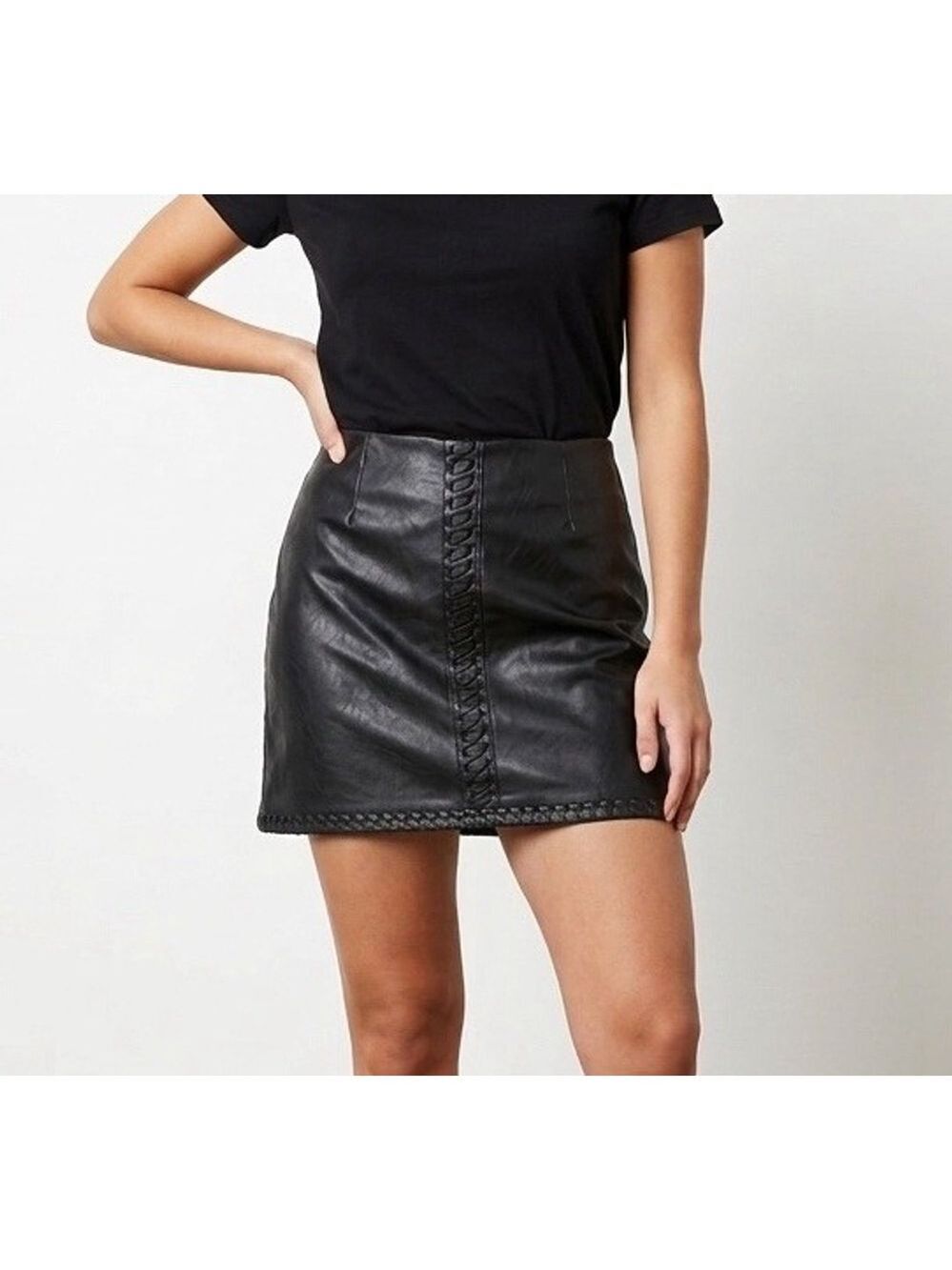 INC International Concepts Mini Skirt Faux Leather Stitch P-LG Chic City Rodeo
